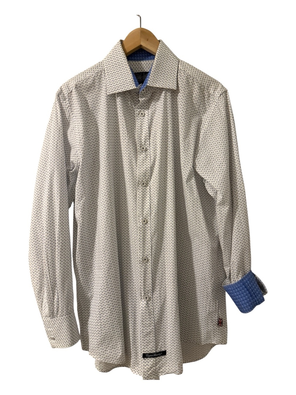 English Laundry Men’s White Blue Geo Print Dress Shirt 16.5 34/35 Contrast Cuffs